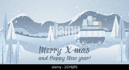 Sfondo natalizio orizzontale con paesaggio e auto con scatola regalo in cartoon flat design in blu. Buon Natale e Felice Anno Nuovo. Illustrazione Vettoriale