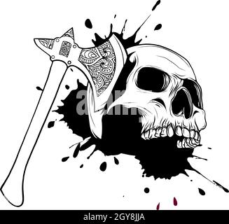 illustrazione della testa del cranio assassinata da ax Foto Stock