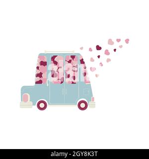 Vettore disegno a mano di carino auto con cuori rosa e rosso per San Valentino. Automobile colorata con cuori volanti clip art in desig piatto Illustrazione Vettoriale