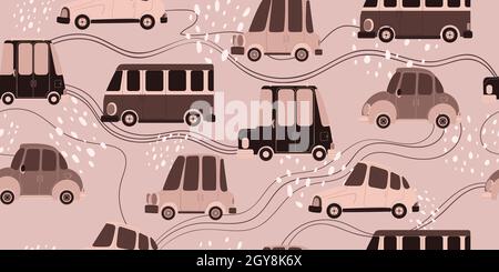 Modello senza cuciture con carine auto disegnate a mano in stile scandinavo. Vettore ripetuto sfondo con automobili in cartoni animati design per bambini. Illustrazione Vettoriale