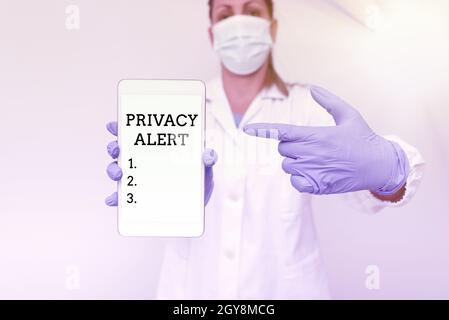 Scrittura visualizzazione del testo Avviso privacy, Word for avverte l'utente dal rischio che potrebbe rubare i dati dimostrando la funzionalità di tecologia medica che presenta la nuova S Foto Stock