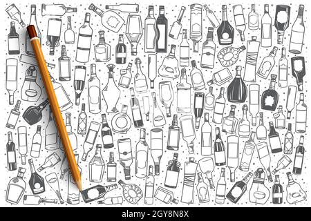 Alcool disegnato a mano vettore Doodle impostare sfondo Foto Stock