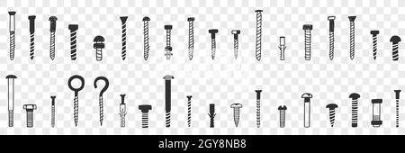 Set di tagliatelle per chiodi e viti. Raccolta di chiodi e viti disegnati a mano di varie forme e dimensioni per la riparazione isolati su fondo trasparente Foto Stock