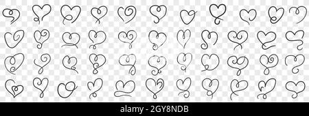 Elegante set di noodle vintage con cuori. Collezione di cuori disegnati a mano con vari simboli d'amore con linee di ricci di stili e forme diverse isolate su tr Foto Stock