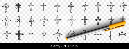 Croci di varie forme set di barbatella. Collezione di croce religiosa e decorativa disegnata a mano di anime e forme diverse isolate su bac trasparente Foto Stock