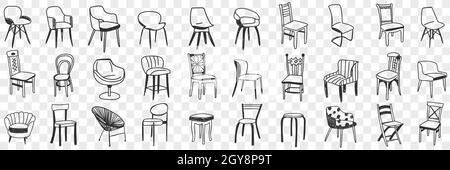 Sedie e poltrone, set da barbatelle. Collezione di sedie disegnate a mano di diversi disegni per camere appartamenti uffici interni isolati su trasparente Foto Stock
