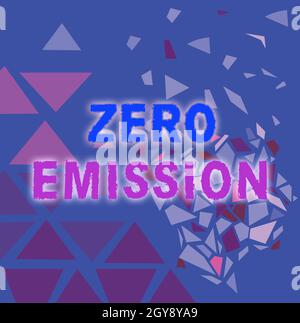 Text caption Presenting Zero Emission, Word for si riferisce a un motore che non emette inquinanti atmosferici colorful Wallpaper Image, Shatter Effect Desi Foto Stock