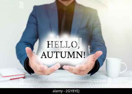 Ispirazione mostrando segno Ciao, Autunno, Business Concept saluto utilizzato quando abbraccia il cambiamento da estate a inverno discutere idea presto importante Foto Stock