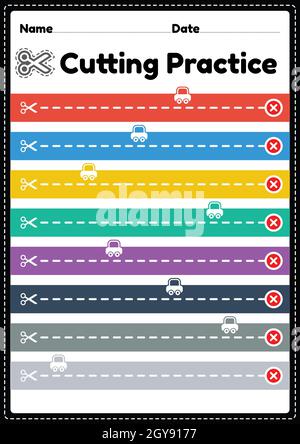 Pratica di taglio per i bambini di tagliare la carta con forbici per migliorare le abilità motorie, coordinazione e sviluppare piccoli muscoli per prescolare e asilo Foto Stock