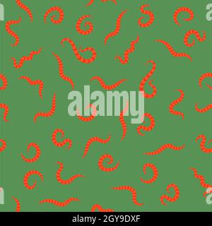 Massa animale Red Worm per la pesca Seamless Pattern su sfondo verde. Foto Stock