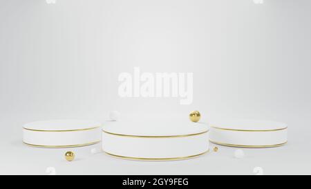 3D podio, bianco colonna circolare scena stand e piccola palla sul pavimento piattaforme minimal mock up palco cilindro podio per la presentazione del prodotto, studio Foto Stock
