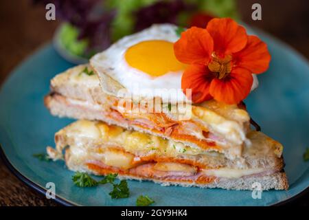 francese croque madame su un piatto blu Foto Stock