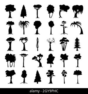 Sagome nere di alberi di diverse zone climatiche su sfondo bianco - illustrazione vettoriale Foto Stock