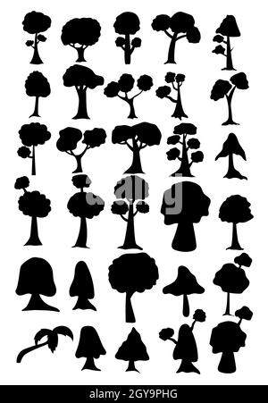 Sagome nere di alberi di diverse zone climatiche su sfondo bianco - illustrazione vettoriale Foto Stock