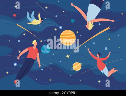 Persone che volano nello spazio, personaggi che galleggiano a gravità zero. Gli uomini e le donne volano nei sogni, nell'immaginazione, nell'illustrazione vettoriale di esplorazione creativa. COSMOS viaggio o avventure astronomiche Illustrazione Vettoriale