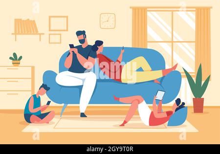 Famiglia che utilizza smartphone e tablet, genitori e bambini con telefoni. Dipendenza dai social media, i bambini utilizzano gadget a casa illustrazione vettoriale. Padre, madre e figli con dispositivi Illustrazione Vettoriale