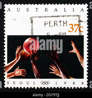 AUSTRALIA - CIRCA 1988: Un francobollo stampato in Australia mostra Basketball, 1988 Olimpiadi estive, Seoul, circa 1988 Foto Stock