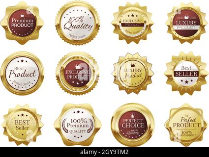 Badge dorati, emblemi di alta qualità, etichette sigilli di lusso. Medaglia d'oro realistica, elegante marchio di prodotto vintage Vector Set. Prodotto esclusivo, icone Best seller per il negozio Illustrazione Vettoriale