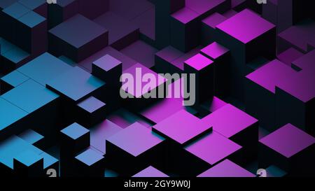 Astratto blu viola sfondo dati digitali 3d rendering poligono. Astratto techno viola geometrico tecnologia background. Rendering 3D viola. Foto Stock