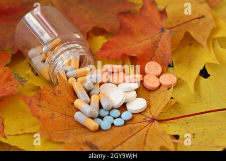 Pillole su foglie di acero giallo e rosso, bottiglia di capsule e compresse sparse. Concetto di integratori alimentari, antidepressivi, vitamine Foto Stock