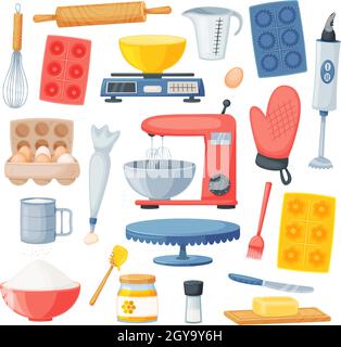 Cartoni animati e ingredienti di cottura, utensili da cucina. Farina, uova, miele, sale. Utensili da cucina e dessert ingredienti di panetteria set vettoriale. Forniture e utensili isolati per la cottura di cibo Illustrazione Vettoriale
