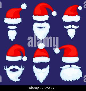 Cappelli di natale Cartoon babbo natale con barba o baffi. Berretto rosso santas, maschera per cabina foto di barba di Natale, set vettoriale accessori costume di nuovo anno. Decorazioni festive diverse per le feste Illustrazione Vettoriale