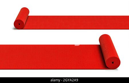 moquette rossa srotolante su sfondo bianco. rendering 3d Foto Stock