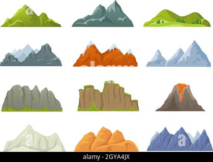 Cartoon cima rocciosa di montagna, picco nevoso, scogliera di pietra. Montagne creste in varie forme, vulcano, canyon, natura paesaggio elemento vettore set. Escursione o arrampicata concetto, avendo spedizione estrema Illustrazione Vettoriale