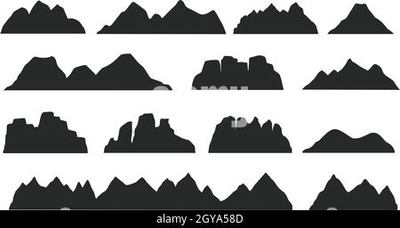 Silhouette di paesaggio di cresta di montagna nera, elementi di terreno roccioso. Montagne picchi, colline, icebergs outdoor paesaggio silhouettes vettoriale set. Scogliere natura e forma del vulcano per logo Illustrazione Vettoriale