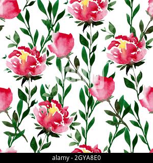 Bianco senza cuciture con acquerello rosa fiori, germogli, foglie. Illustrazione Vettoriale