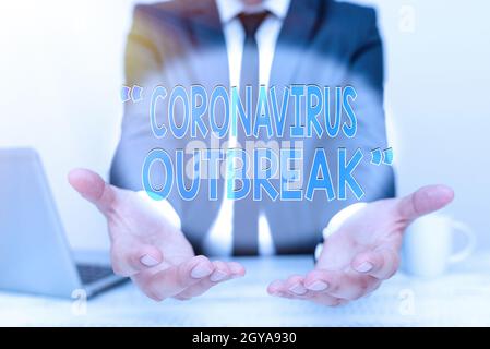 Testo della scrittura Coronavirus focolaio, Internet concetto di malattia infettiva causata da COVID19 recentemente scoperto lavoro remoto Ufficio Online presentare Bus Foto Stock