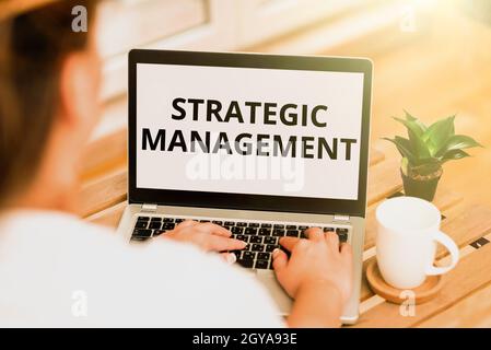 Firma che mostra Strategic Management, Word scritto sulla formulazione e l'implementazione dei principali obiettivi di lavoro online e di lavoro in remoto connettere PE Foto Stock