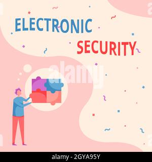 Didascalia di testo Presentazione di sicurezza elettronica, Internet Concept apparecchiature elettroniche che eseguono operazioni di sicurezza Man Drawing Standing fitting Four Foto Stock