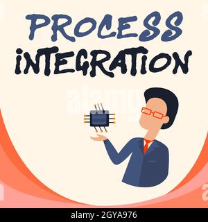 Scrittura visualizzazione del testo processo integrazione, concetto che significa condivisione di dati ed eventi tra processi aziendali Man Drawing Standing e Holding Co Foto Stock