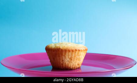 Una torta cagliata senza polvere su un piatto rosa, su sfondo blu, vista laterale. Spazio copia Dessert, piccolo cupcake, torta appena sfornata. Concetto di cibo Foto Stock