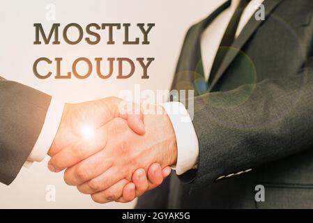 Scrittura visualizzazione di testo principalmente nuvoloso, Conceptual foto ombreggiato vaporoso nebbia soffice nuvole nebulose Skyscape due Professional Well-Dressed Corporate Foto Stock