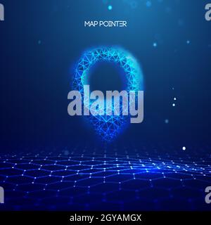 Pin di posizione GPS. Contrassegno della mappa di geolocalizzazione, posizione del punto. Tecnologia futuristica GPS in stile 3d su sfondo blu. illustrazione vettoriale 3d. Blu Illustrazione Vettoriale