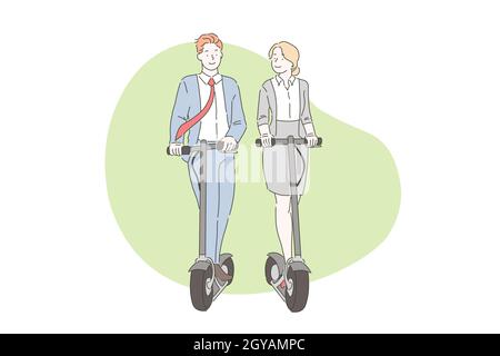 Lavoro di squadra, business, moderno, scooter concetto. Uomini d'affari giovani sorridenti e attivi si spostano su girobasse per strada o in ufficio. Stile di vita, io Foto Stock