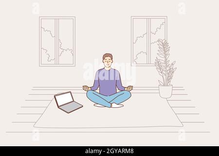 Meditazione online, anti stress, concetto di salute mentale. Giovane positivo uomo calmo personaggio cartoon seduta sul pavimento a casa facendo meditazione lezione onl Foto Stock