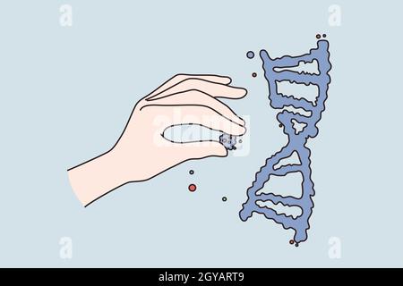 Concetto generico di ricerca scientifica ingegneristica. Mano umana che tiene le cellule di putting sulla struttura del dna umano ober illustrazione del vettore di sfondo blu Foto Stock