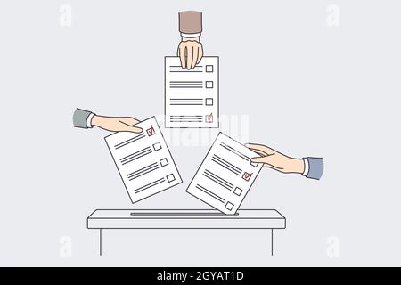 Concetto di voto internazionale e di elezioni. Mani di persone multietniche che mettono i voti in una casella di voto facendo la scelta vettore illustrazione Foto Stock