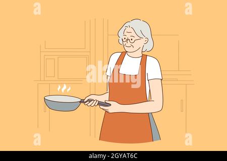 Concetto di stile di vita della cucina degli anziani felici. Donna matura sorridente in grembiule personaggio cartoon in piedi tenendo in piedi la padella di cottura illustrazione vettoriale Foto Stock