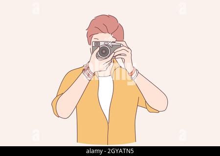 Creatività, fotografia, concetto di artista. Giovane uomo freelance fotografo cartoon personaggio in piedi facendo scattare foto a macchina fotografica illustrazione vettoriale Foto Stock