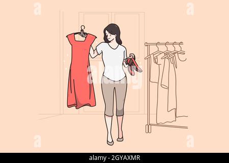 Scelta difficile e concetto di camera d'arredamento. Elegante giovane donna personaggio cartoon sorridente reggendo abito rosso e scarpe in posa in spogliatoio vettore illustre Foto Stock