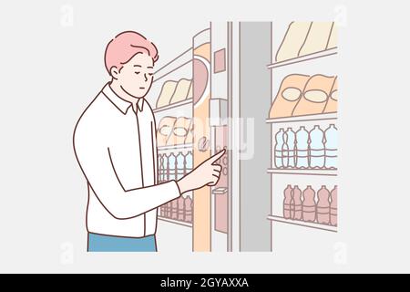 Concetto di pagamento con carta senza contanti. Giovane uomo d'affari ragazzo commesso manager cartoon personaggio cliente acquistare bevande alimentari al distributore automatico elettronico. NFC se Foto Stock