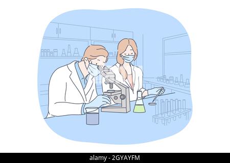 Scienza, virus, coronavirus, concetto di medicina. Squadra di uomo donna medici scienziati lavoratori in maschera medica test vaccino da COVID19. 1 Foto Stock