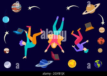 Giovani studenti universitari galleggiano nello spazio con computer portatili, pianeti e stelle sparatorie, lezione di apprendimento dell'astronomia. Studio cosmologico, metafora educativa conc Foto Stock