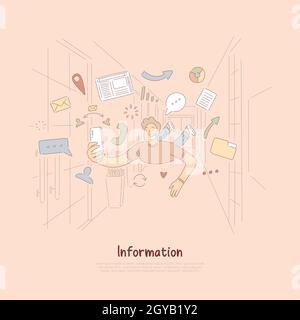 Uomo allegro con smartphone circondato da icone Internet, tecnologia di comunicazione mobile, banner di navigazione online. Tempo libero dei social media, passatempo co Foto Stock