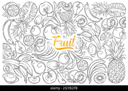 Frutti diversi estratti a mano banana, ananas, mela, pera ecc. kiwi, pesca e albicocca doodle sfondo set Foto Stock