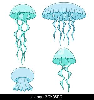 Set di illustrazioni a colori con meduse. Oggetti vettoriali isolati su sfondo bianco. Illustrazione Vettoriale